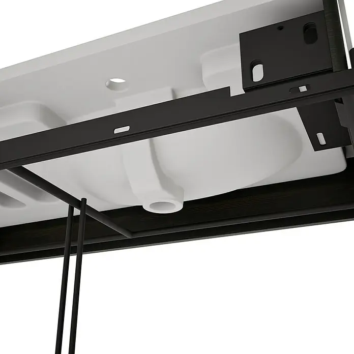 VitrA Equal Badmöbel-Set - Gesamtbreite Badmöbel: 103 cm, Steingrau/Ulme, Matt, 3 -tlg., Mit Gestell - Untersicht eines weißen Keramikwaschbeckens, befestigt an einer dunklen Holzablage, gestützt von einem schwarzen Metallrahmen und Beinen.