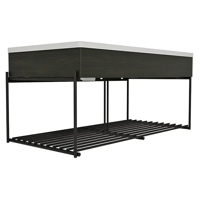 VitrA Equal Badmöbel-Set - Gesamtbreite Badmöbel: 103 cm, Steingrau/Ulme, Matt, 3 -tlg., Mit Gestell - Dunkelbrauner Holzwaschtisch mit weißer Platte und schwarzem Metallrahmen mit Lattenablage.