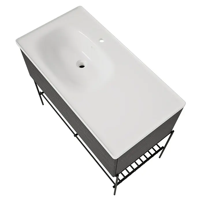 VitrA Equal Badmöbel-Set - Gesamtbreite Badmöbel: 103 cm, Weiß/Schwarz-Eiche, Glänzend, 3 -tlg., Mit Gestell und Schublade - Moderner Badunterschrank mit weißem integriertem Waschbecken, dunklem Holzschrank und schwarzem Metallgestell.