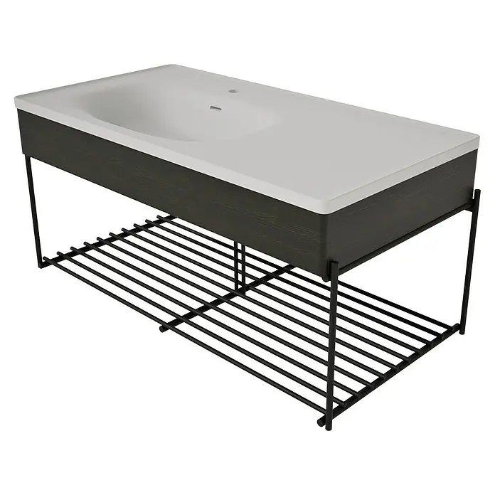 VitrA Equal Badmöbel-Set - Gesamtbreite Badmöbel: 103 cm, Steingrau/Ulme, Matt, 3 -tlg., Mit Gestell - Weißer Waschtisch mit dunklem Holzunterschrank und schwarzem Metallgestell mit Lamellenablage.