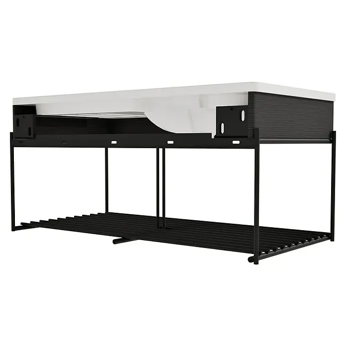 VitrA Equal Badmöbel-Set - Gesamtbreite Badmöbel: 103 cm, Weiß/Schwarz-Eiche, Glänzend, 3 -tlg., Mit Gestell - Waschbeckenunterschrank mit weißer Platte, dunklem Schrank, schwarzem Metallrahmen und Lattenrost.