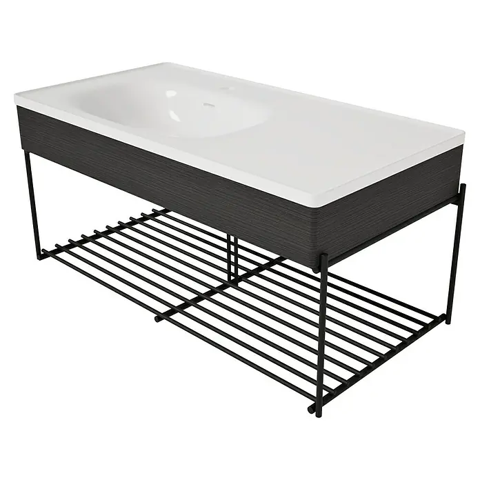 VitrA Equal Badmöbel-Set - Gesamtbreite Badmöbel: 103 cm, Weiß/Schwarz-Eiche, Glänzend, 3 -tlg., Mit Gestell - Weißes Keramikwaschbecken auf einem dunkelgrauen Waschtischunterschrank mit schwarzem Metallrahmen und Lattenrostablage.