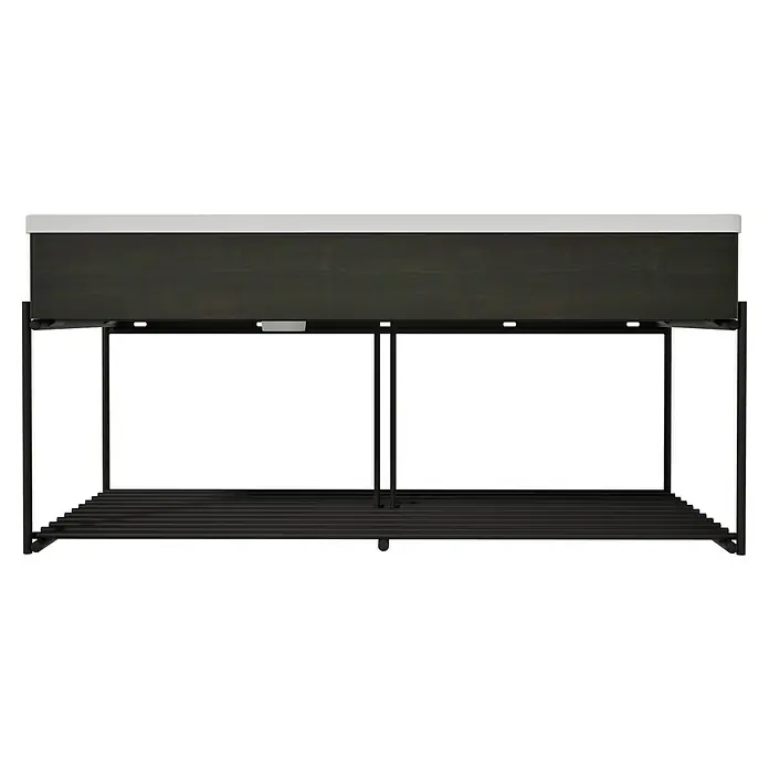 VitrA Equal Badmöbel-Set - Gesamtbreite Badmöbel: 103 cm, Steingrau/Ulme, Matt, 3 -tlg., Mit Gestell - Dunkle Holzkonsole mit weißer Platte und schwarzem Metallgestell mit Lamellenboden.