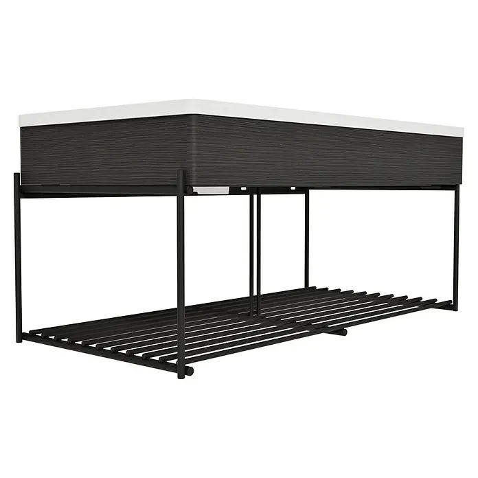 VitrA Equal Badmöbel-Set - Gesamtbreite Badmöbel: 103 cm, Weiß/Schwarz-Eiche, Glänzend, 3 -tlg., Mit Gestell - Dunkelgrauer strukturierter Waschtischunterschrank mit weißer Platte und schwarzem Metallrahmen mit Lattenregal.