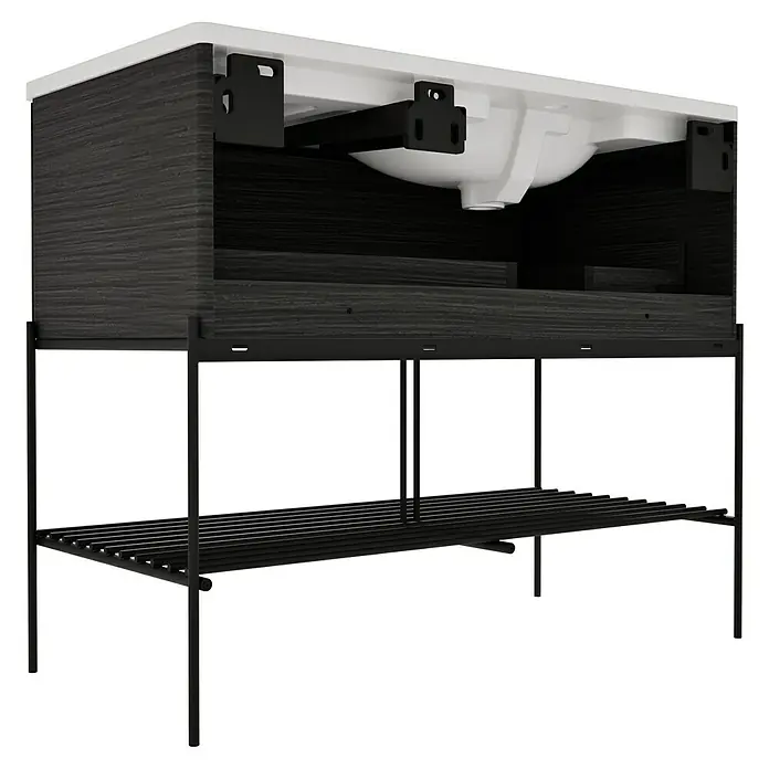 VitrA Equal Badmöbel-Set - Gesamtbreite Badmöbel: 103 cm, Weiß/Schwarz-Eiche, Glänzend, 3 -tlg., Mit Gestell und Schublade - Dunkler Holz-Waschtischunterschrank mit integriertem weißen Waschbecken und schwarzem Metallrahmen mit Lattenrost.