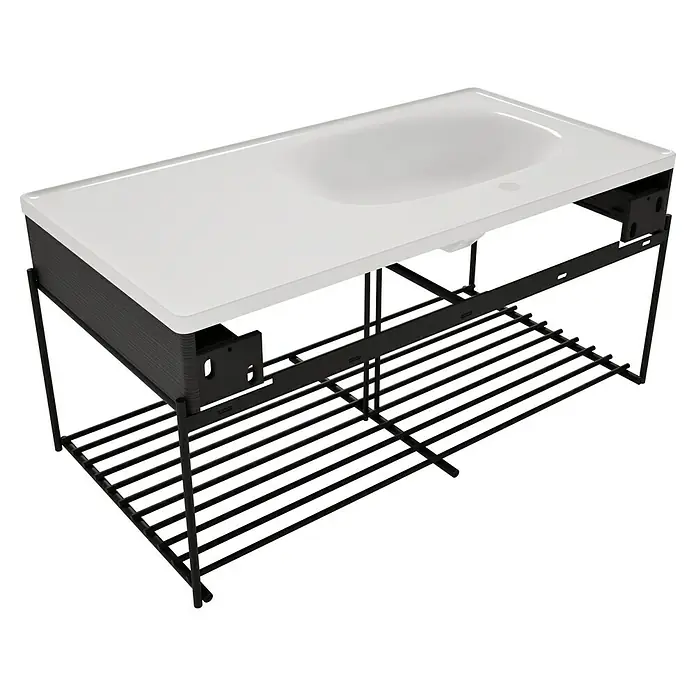 VitrA Equal Badmöbel-Set - Gesamtbreite Badmöbel: 103 cm, Weiß/Schwarz-Eiche, Glänzend, 3 -tlg., Mit Gestell - Moderner Waschtischunterschrank mit weißem Keramikbecken, dunkelgrauem Holzsockel und schwarzem Metallgestell mit Lamellenablage.
