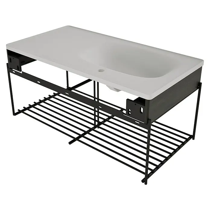 VitrA Equal Badmöbel-Set - Gesamtbreite Badmöbel: 103 cm, Steingrau/Ulme, Matt, 3 -tlg., Mit Gestell - Moderner Badwaschtisch mit weißem Keramikwaschbecken, dunklem Holzschrank und schwarzem Metallgestell mit Lattenablage.