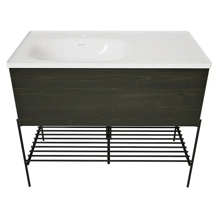 VitrA Equal Badmöbel-Set - Gesamtbreite Badmöbel: 103 cm, Weiß/Ulme, Glänzend, 3 -tlg., Mit Gestell und Schublade - Waschbeckenunterschrank mit weißer Arbeitsplatte, dunklem Holzschrank und schwarzem Metallgestell.