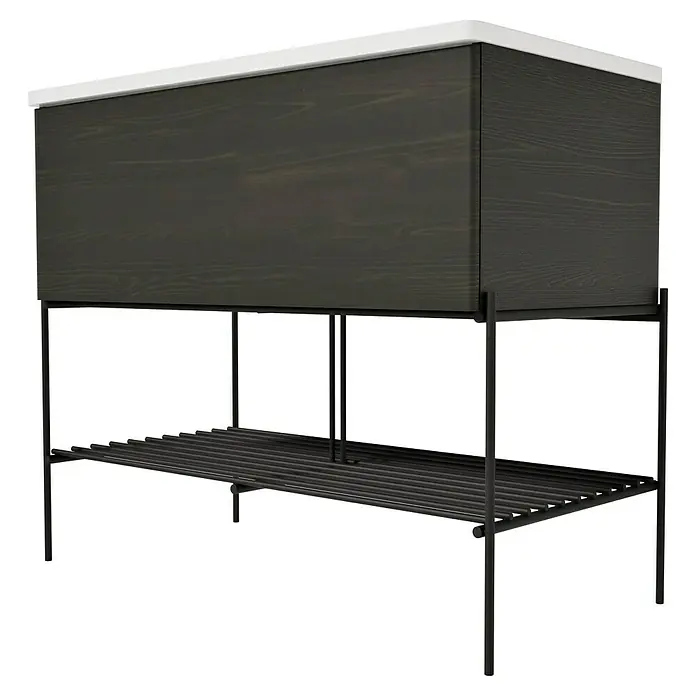 VitrA Equal Badmöbel-Set - Gesamtbreite Badmöbel: 103 cm, Weiß/Ulme, Glänzend, 3 -tlg., Mit Gestell und Schublade - Dunkler Holz-Waschtischunterschrank mit weißer Platte und schwarzem Metallrahmen mit integriertem Lattenrost.