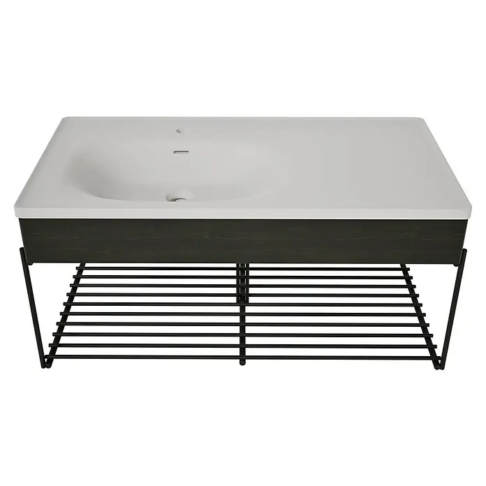 VitrA Equal Badmöbel-Set - Gesamtbreite Badmöbel: 103 cm, Steingrau/Ulme, Matt, 3 -tlg., Mit Gestell - Waschtisch aus schwarzem Holz und weißem integriertem Waschbecken mit schwarzem Metallrostboden.