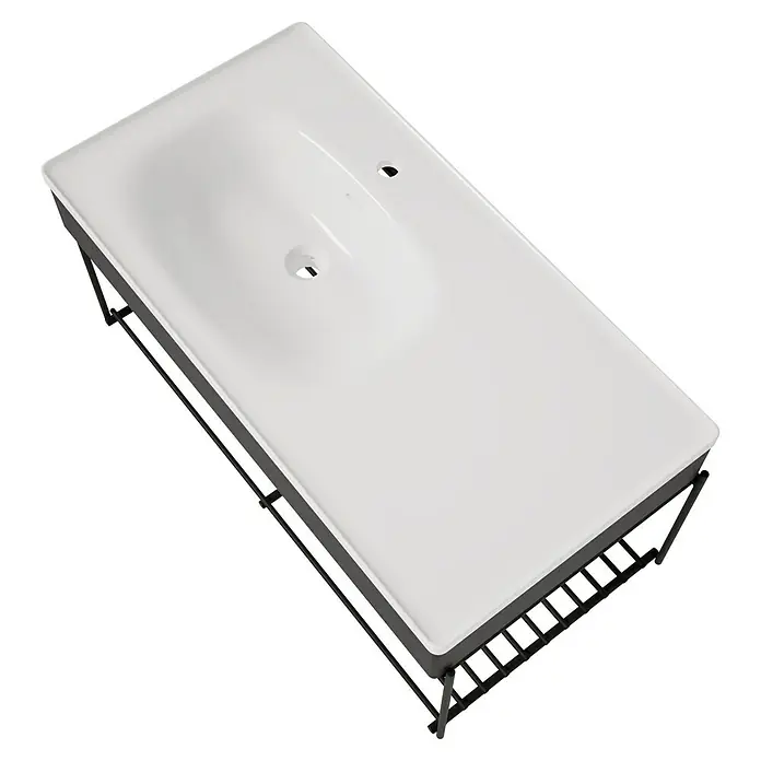 VitrA Equal Badmöbel-Set - Gesamtbreite Badmöbel: 103 cm, Weiß/Schwarz-Eiche, Glänzend, 3 -tlg., Mit Gestell - Weißes Keramik-Badezimmerwaschbecken mit integrierter Arbeitsplatte und schwarzem Metallrahmen mit offener Ablage.