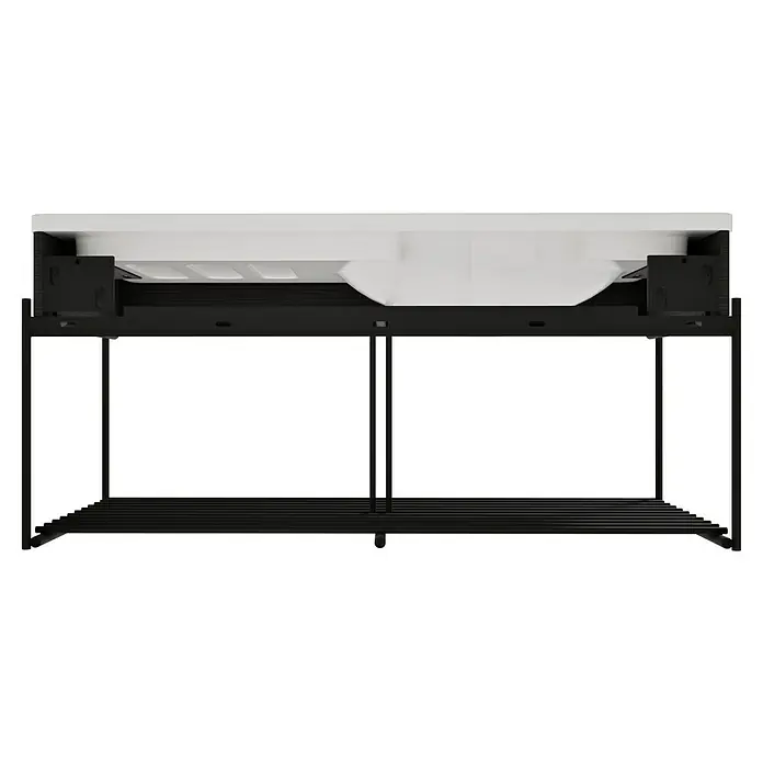 VitrA Equal Badmöbel-Set - Gesamtbreite Badmöbel: 103 cm, Weiß/Schwarz-Eiche, Glänzend, 3 -tlg., Mit Gestell - Schwarzes Metall-Waschtischgestell mit weißem Keramikwaschbecken und unterer Ablage, Draufsicht.