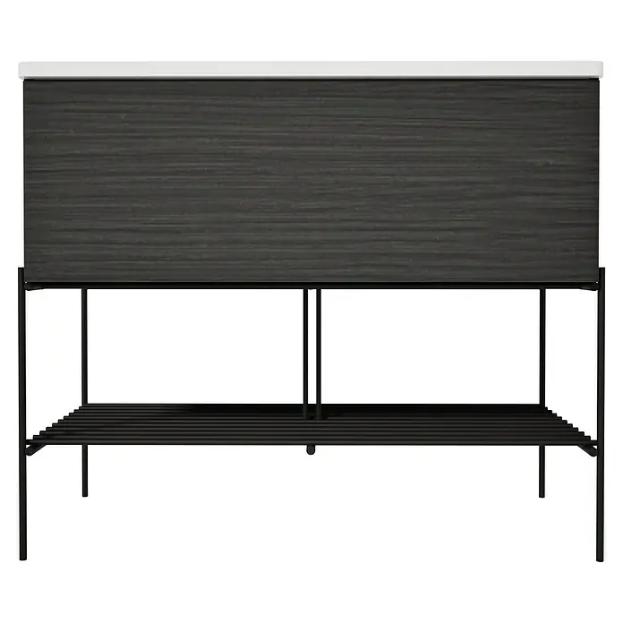 VitrA Equal Badmöbel-Set - Gesamtbreite Badmöbel: 103 cm, Weiß/Schwarz-Eiche, Glänzend, 3 -tlg., Mit Gestell und Schublade - Dunkelgrauer Schrank mit Holzmaserung auf schwarzem Metallgestell mit Lattenregal.