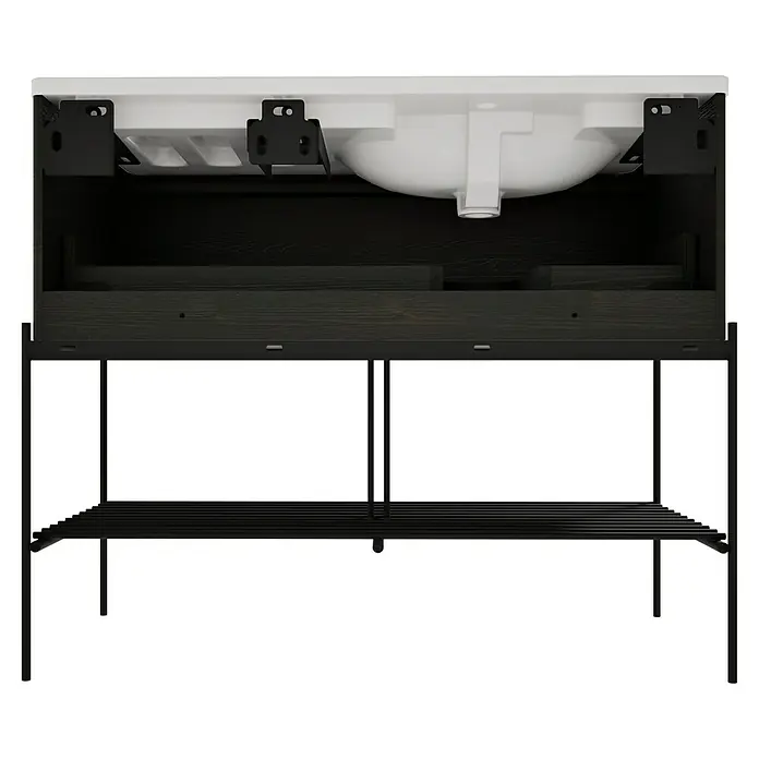 VitrA Equal Badmöbel-Set - Gesamtbreite Badmöbel: 103 cm, Weiß/Ulme, Glänzend, 3 -tlg., Mit Gestell und Schublade - Rückansicht eines dunkelbraunen Holzwaschtisches mit weißem Waschbecken und schwarzem Metallgestell mit Lattenrost.