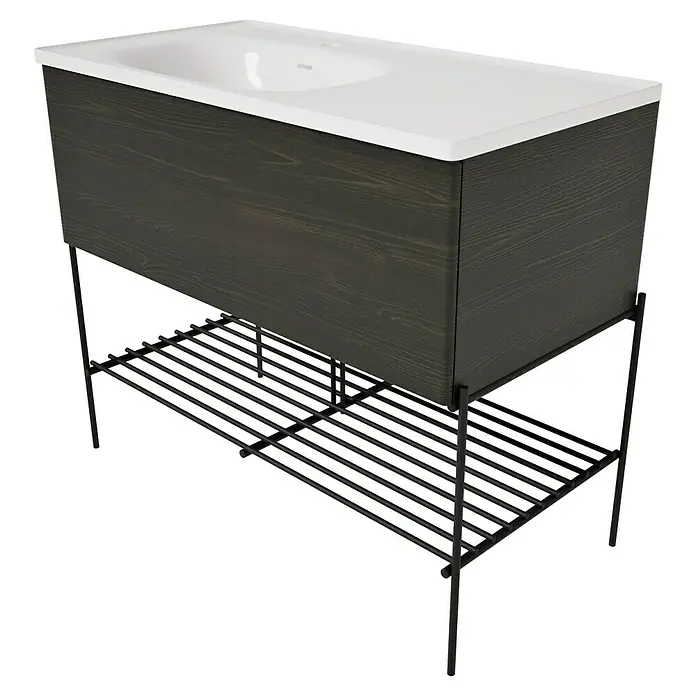 VitrA Equal Badmöbel-Set - Gesamtbreite Badmöbel: 103 cm, Weiß/Ulme, Glänzend, 3 -tlg., Mit Gestell und Schublade - Modernes Waschtischunterteil aus dunklem Holz mit weißem integriertem Waschbecken auf schwarzem Metallgestell mit Lattenrost.