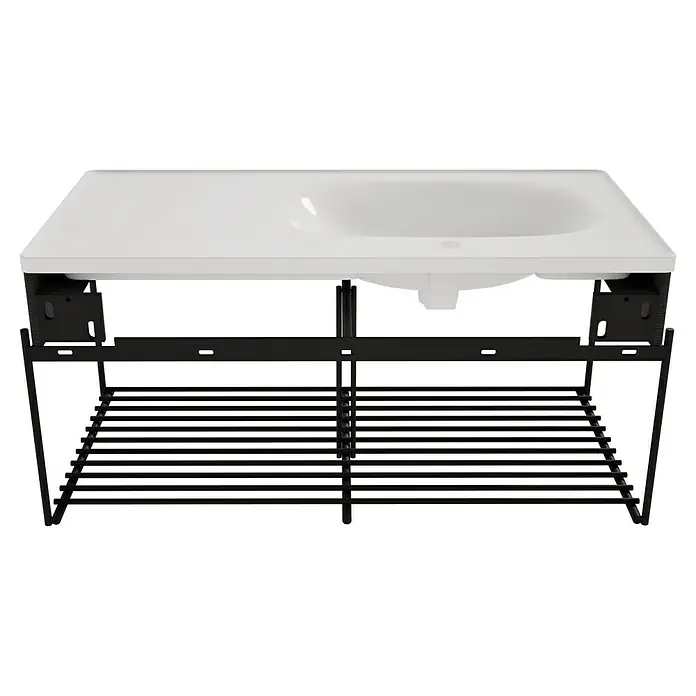 VitrA Equal Badmöbel-Set - Gesamtbreite Badmöbel: 103 cm, Weiß/Schwarz-Eiche, Glänzend, 3 -tlg., Mit Gestell - Weißes Keramikwaschbecken mit schwarzem Metall-Stützrahmen.