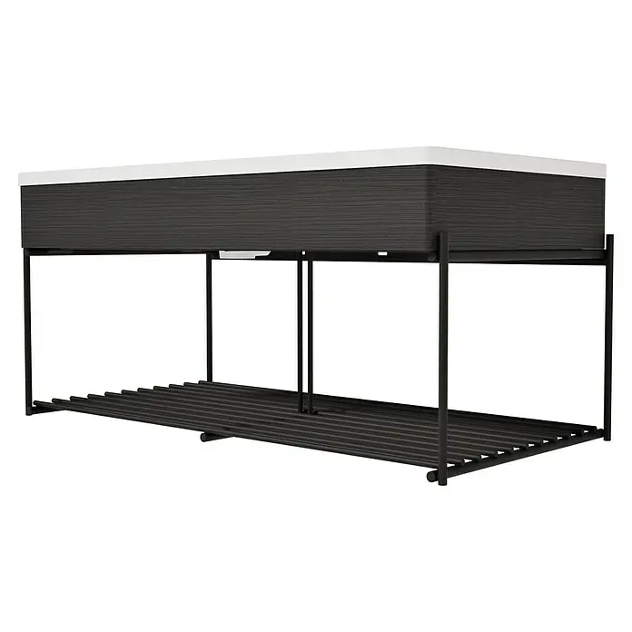 VitrA Equal Badmöbel-Set - Gesamtbreite Badmöbel: 103 cm, Weiß/Schwarz-Eiche, Glänzend, 3 -tlg., Mit Gestell - Moderne dunkelgraue Aufbewahrungseinheit mit weißer Platte, schwarzem Metallgestell und Lattenboden.