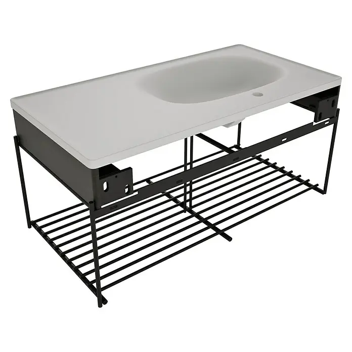 VitrA Equal Badmöbel-Set - Gesamtbreite Badmöbel: 103 cm, Steingrau/Ulme, Matt, 3 -tlg., Mit Gestell - Weißer Waschtischunterschrank mit dunklem Holzschrank und schwarzem Metallgestell mit integrierter Lattenablage.