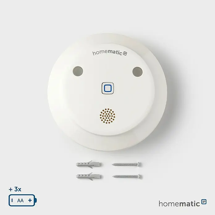 Homematic IP Alarmsirene HmIP-ASIR-2 - Batteriebetrieben, Alarmsignal: 90 dB, Ø x H: 12,4 x 4,5 cm - Weißer Homematic IP smarter Rauchmelder mit blauem Knopf und Lautsprechergitter, inklusive Montagematerial und Batteriehinweis (3x AA).