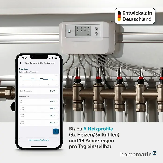Homematic IP Set Fußbodenheizung HmIP-FALMOT-C8 mit Steuerzentrale Access Point 2 - Weiß - Smart-Home-Heizungssteuerung mit weißer Wandmontageeinheit, Verteiler und Smartphone-App zur Einstellung von Heiz-/Kühlprofilen.