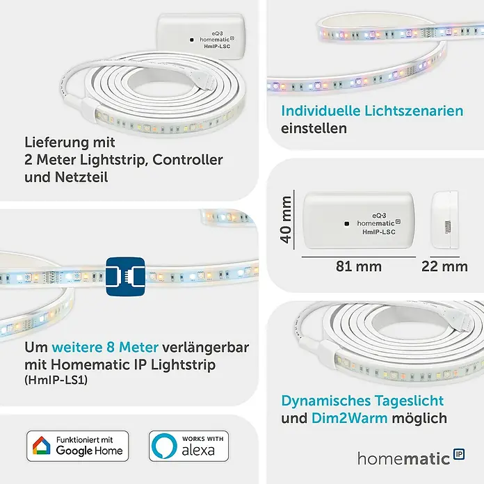 Homematic IP LED-Stripes Set - Länge: 2 m, RGBW, 24 W - Weißer 2-Meter Homematic IP LED-Lichtstreifen mit Controller und Netzteil, erweiterbar und smart-home-kompatibel.