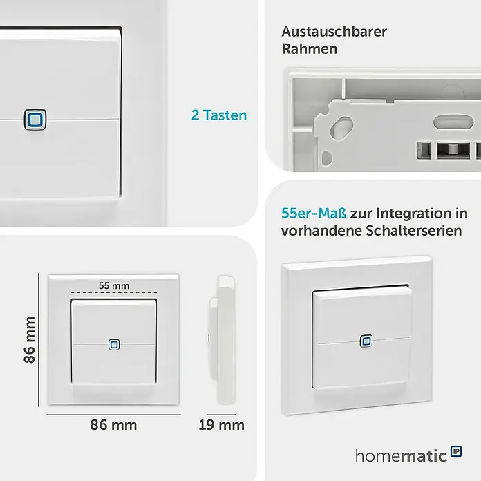 Homematic IP Funk-Wandtaster HmIP-WRC2 - 2-fach, Batteriebetrieben, Weiß, 19 x 86 x 86 mm - Weißer Smart Home Wandschalter mit zwei Tasten und blauer Anzeige, 86x86x19mm, passend für 55mm Schalterserien.