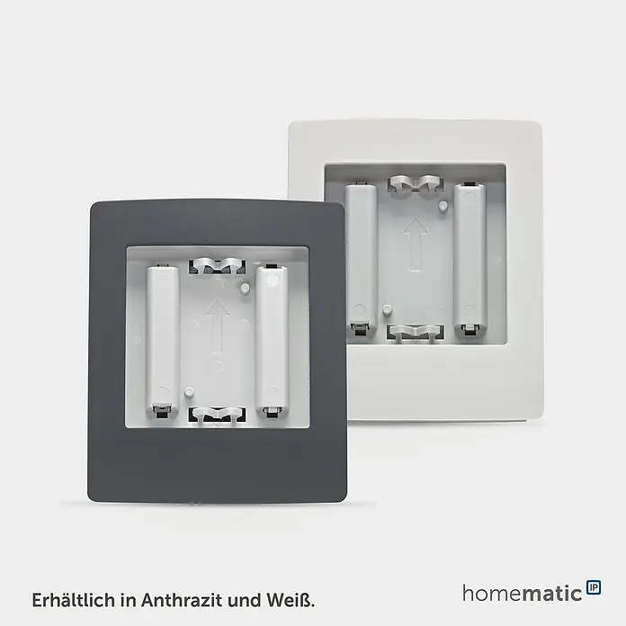Homematic IP Halterung Tischaufsteller HmIP-DS55-A - Batteriebetrieben, 7,9 x 9 x 6,7 cm, Anthrazit - Zwei Smart Home Rahmen, anthrazit und weiß, mit offenen Rückseiten und je zwei AAA-Batteriefächern.