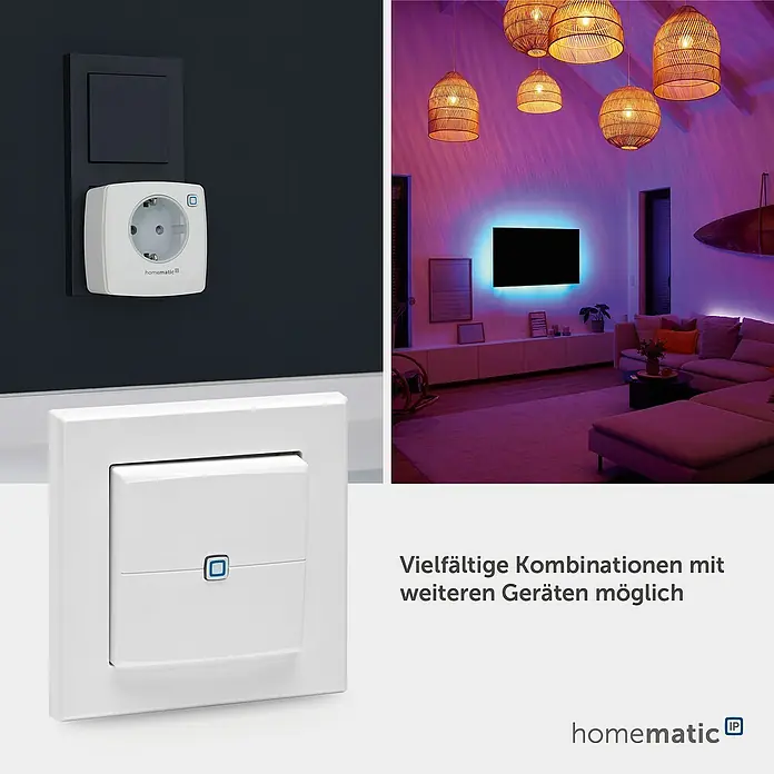 Homematic IP Funk-Wandtaster HmIP-WRC2-2 - 2-fach, Batteriebetrieben, 19 x 86 x 86 mm, Weiß - Weißer Homematic IP Smart-Stecker und Wandschalter in einem modernen Zuhause mit smarter Beleuchtung, zeigt Systemkompatibilität.