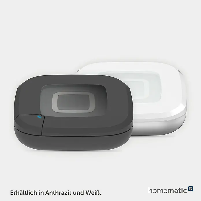 Homematic IP Steuerzentrale Access Point 2 - Weiß, L x B x H: 10,4 x 10,4 x 4 cm - Zwei Homematic IP Smart Home Geräte, eines in Anthrazit und eines in Weiß.