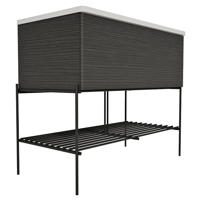 VitrA Equal Badmöbel-Set - Gesamtbreite Badmöbel: 103 cm, Steingrau/Schwarz-Eiche, Matt, 3 -tlg., Mit Gestell und Schublade - Dunkelgrauer Waschtischunterschrank mit weißer Platte und schwarzem Metallrahmen mit Lattenrostablage.