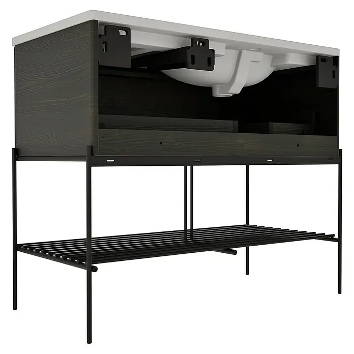 VitrA Equal Badmöbel-Set - Gesamtbreite Badmöbel: 103 cm, Steingrau/Ulme, Matt, 3 -tlg., Mit Gestell und Schublade - Dunkler Holz-Badunterschrank mit weißem Waschbecken, schwarzem Metallgestell und Lattenrostablage.