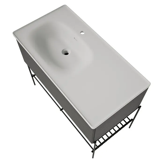 VitrA Equal Badmöbel-Set - Gesamtbreite Badmöbel: 103 cm, Steingrau/Schwarz-Eiche, Matt, 3 -tlg., Mit Gestell und Schublade - Moderner Waschtisch mit weißem, rechteckigem Waschbecken, dunkelgrauem Schrank in Holzoptik und schwarzen Metallbeinen.