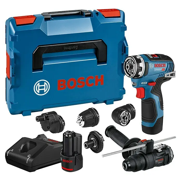Bosch Professional AMPShare 18V Akku-Bohrschrauber-Set GSR 12V-35 FC - 12 V, 2 Akkus, 35 Nm, 12 -tlg. - Blaues und schwarzes Bosch Akku-Bohrschrauber-Set mit Tragekoffer, Akku, Ladegerät und verschiedenen Wechselaufsätzen, inkl. SDS plus.