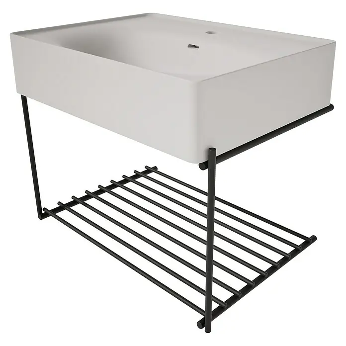 VitrA Equal Badmöbel-Set - Gesamtbreite Badmöbel: 62 cm, Steingrau/Schwarz, Matt, 2 -tlg. - Weißes rechteckiges Waschbecken mit integriertem schwarzem Metallgestell und Lattenrostablage.