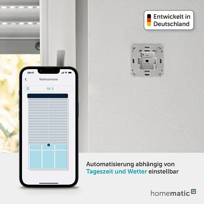 Homematic IP Starter-Set 2x Rollladenaktor für Markenschalter mit Access Point 2 HmIP-SK29 - Weiß - Smartphone-App steuert Jalousien (66% geschlossen) und Homematic IP Rollladenaktor-Modul an Wand. Deutsche Technik, wetterabhängige Automation.