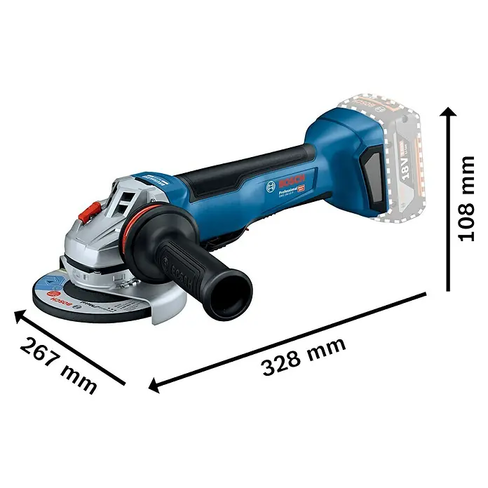 Bosch Professional AMPShare 18V Akku-Winkelschleifer GWS 18V-10 P PRO - 2 Akkus, Durchmesser Scheibe: 125 mm - Blaue und schwarze Bosch 18V Akku-Winkelschleifer, 328 mm lang, 108 mm hoch, 267 mm breit.