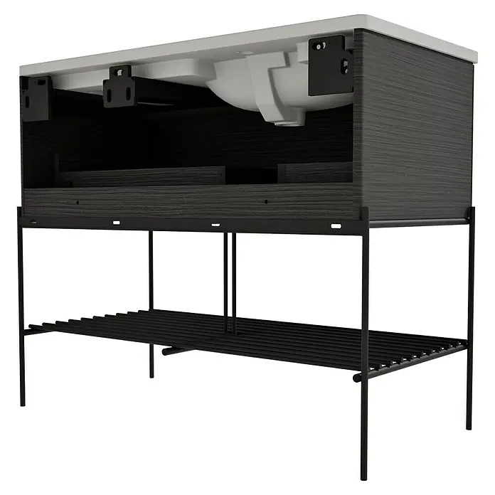 VitrA Equal Badmöbel-Set - Gesamtbreite Badmöbel: 103 cm, Steingrau/Schwarz-Eiche, Matt, 3 -tlg., Mit Gestell und Schublade - Dunkelgrauer Waschtischunterschrank in Holzoptik mit weißem integriertem Waschbecken, auf schwarzem Metallgestell und Lattenrostablage.