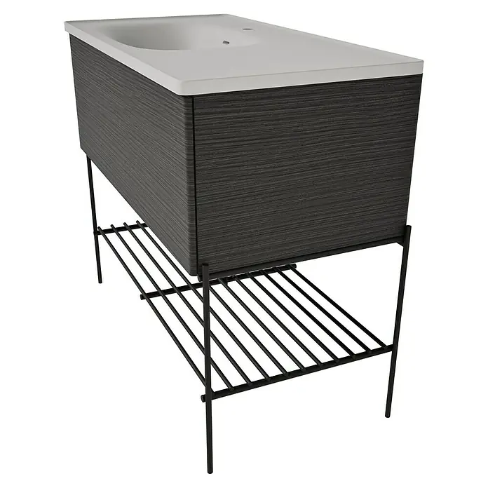 VitrA Equal Badmöbel-Set - Gesamtbreite Badmöbel: 103 cm, Steingrau/Schwarz-Eiche, Matt, 3 -tlg., Mit Gestell und Schublade - Moderner Badunterschrank mit weißem Waschbecken, dunkelgrauem Holzmaserung-Schrank und schwarzem Metallrahmen mit Lattenrost.