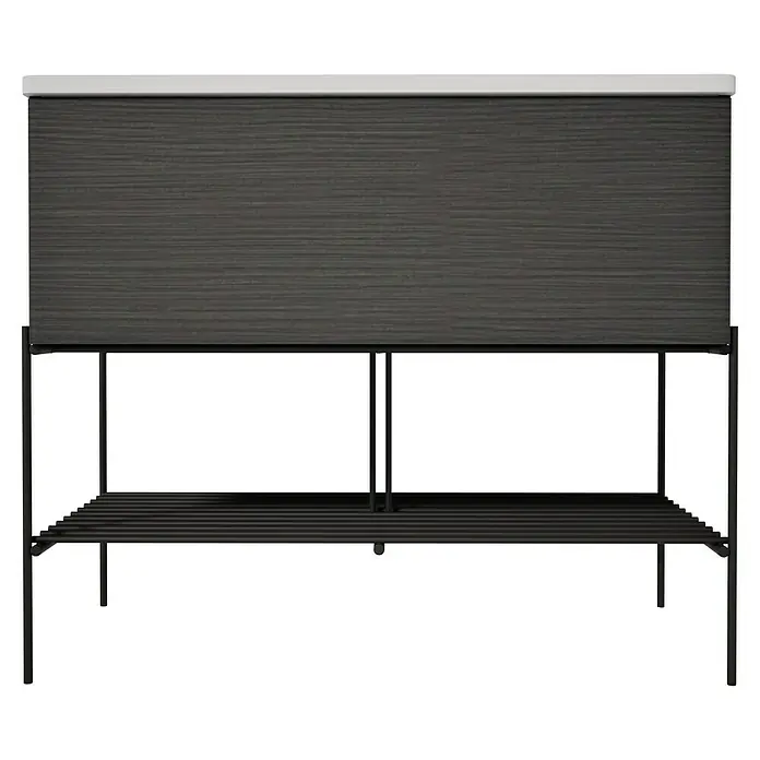 VitrA Equal Badmöbel-Set - Gesamtbreite Badmöbel: 103 cm, Steingrau/Schwarz-Eiche, Matt, 3 -tlg., Mit Gestell und Schublade - Dunkelgraues Sideboard mit heller Platte und horizontaler Maserung auf schwarzem Metallgestell mit Lamellenablage.