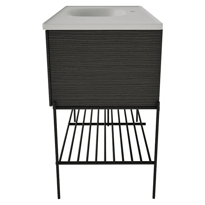 VitrA Equal Badmöbel-Set - Gesamtbreite Badmöbel: 103 cm, Steingrau/Schwarz-Eiche, Matt, 3 -tlg., Mit Gestell und Schublade - Dunkelgrauer Waschtischunterschrank mit weißer Spüle und schwarzem Metallgestell mit Lattenrost.