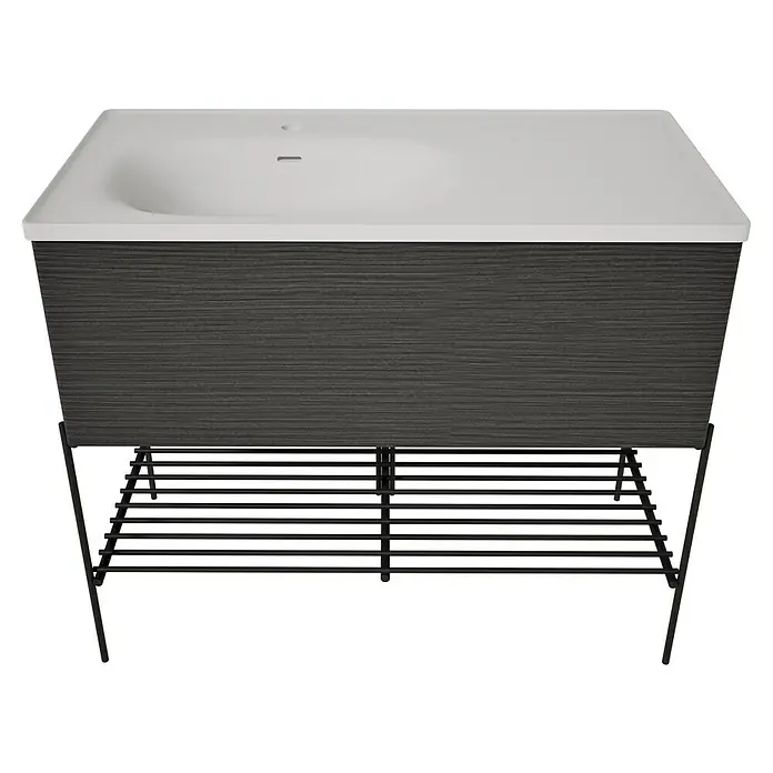 VitrA Equal Badmöbel-Set - Gesamtbreite Badmöbel: 103 cm, Steingrau/Schwarz-Eiche, Matt, 3 -tlg., Mit Gestell und Schublade - Moderner Waschtisch mit weißem integriertem Waschbecken, dunklem Holzschrank und schwarzem Metallgestell mit Lamellenablage.