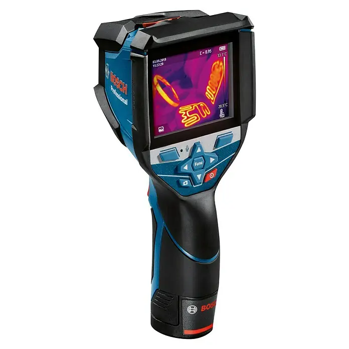 Bosch Professional Wärmebildkamera GTC 600 C PRO - Messbereich Temperatur: -20 °C - 600 °C - Blau-schwarze Bosch Professional Wärmebildkamera mit Bildschirm, der ein Wärmebild anzeigt.