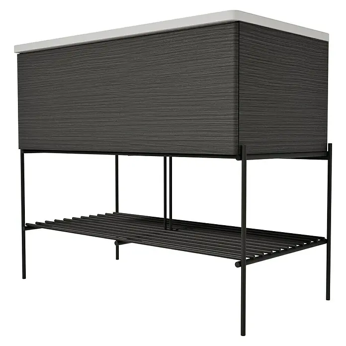 VitrA Equal Badmöbel-Set - Gesamtbreite Badmöbel: 103 cm, Steingrau/Schwarz-Eiche, Matt, 3 -tlg., Mit Gestell und Schublade - Dunkelgrauer Waschtischunterschrank mit Holzstruktur, weißer Platte, schwarzem Metallrahmen und Lattenablage.