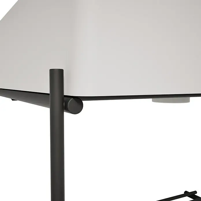 VitrA Equal Badmöbel-Set - Gesamtbreite Badmöbel: 62 cm, Steingrau/Schwarz, Matt, 2 -tlg. - Nahaufnahme einer weißen, rechteckigen Oberfläche, gestützt von schwarzen Metallstangen und einem zylindrischen Pfosten.