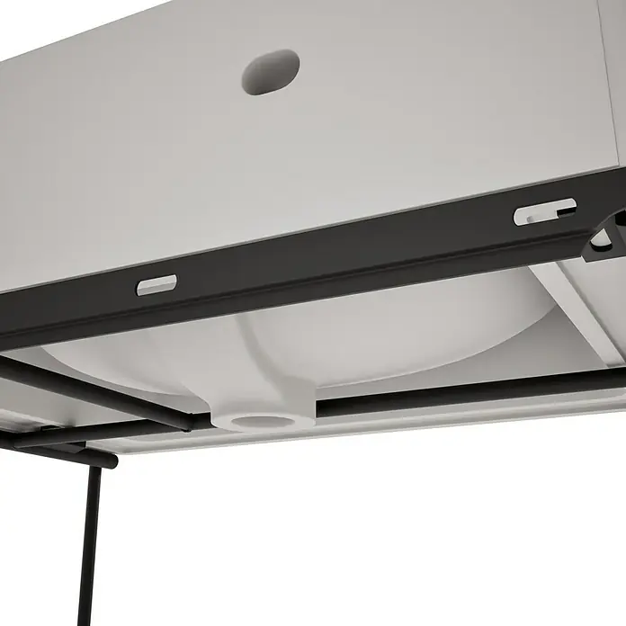 VitrA Equal Badmöbel-Set - Gesamtbreite Badmöbel: 62 cm, Steingrau/Schwarz, Matt, 2 -tlg. - Unterseite eines weißen Waschbeckens mit schwarzer Metallhalterung und Abfluss.