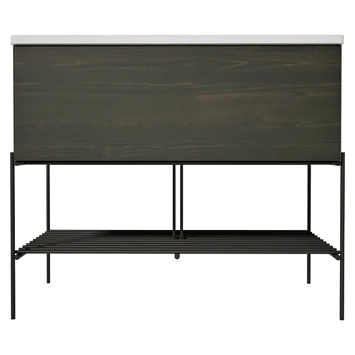 VitrA Equal Badmöbel-Set - Gesamtbreite Badmöbel: 103 cm, Steingrau/Ulme, Matt, 3 -tlg., Mit Gestell und Schublade - Dunkelbrauner Holzschrank mit weißer Platte, auf schwarzem Metallrahmen mit Lattenrostboden.
