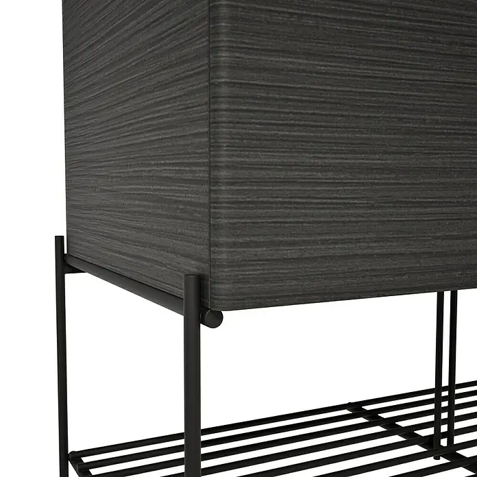 VitrA Equal Badmöbel-Set - Gesamtbreite Badmöbel: 103 cm, Steingrau/Schwarz-Eiche, Matt, 3 -tlg., Mit Gestell und Schublade - Dunkelgraues Aufbewahrungsmöbel in Holzoptik auf schwarzem Metallgestell mit Lattenablage.
