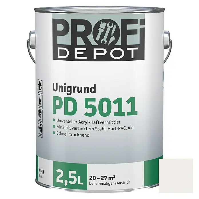 Profi Depot PD Grundierung Unigrund PD 5011 - Weiß, 2,5 l - Dose Profi Depot Unigrund PD 5011, ein universeller Acryl-Haftvermittler für Zink, Stahl, Hart-PVC und Alu, schnell trocknend, mit 2,5L Inhalt.