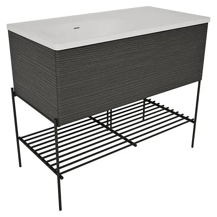 VitrA Equal Badmöbel-Set - Gesamtbreite Badmöbel: 103 cm, Steingrau/Schwarz-Eiche, Matt, 3 -tlg., Mit Gestell und Schublade - Dunkelgrauer Waschtisch in Holzoptik mit weißer Spüle und schwarzem Metallgestell mit Lattenablage.