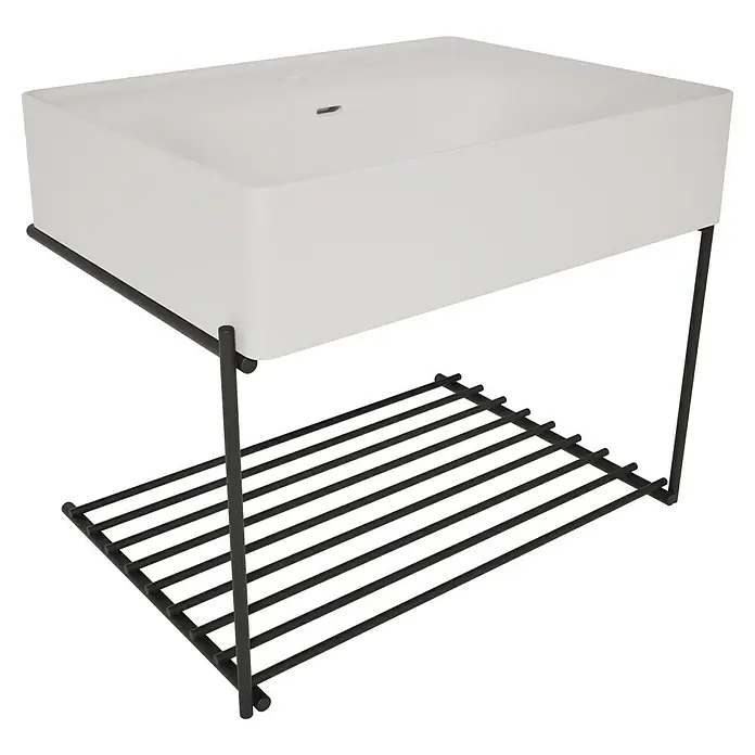 VitrA Equal Badmöbel-Set - Gesamtbreite Badmöbel: 62 cm, Steingrau/Schwarz, Matt, 2 -tlg. - Weißes, rechteckiges Waschbecken mit schwarzem Metallgestell und Lattenrostablage.